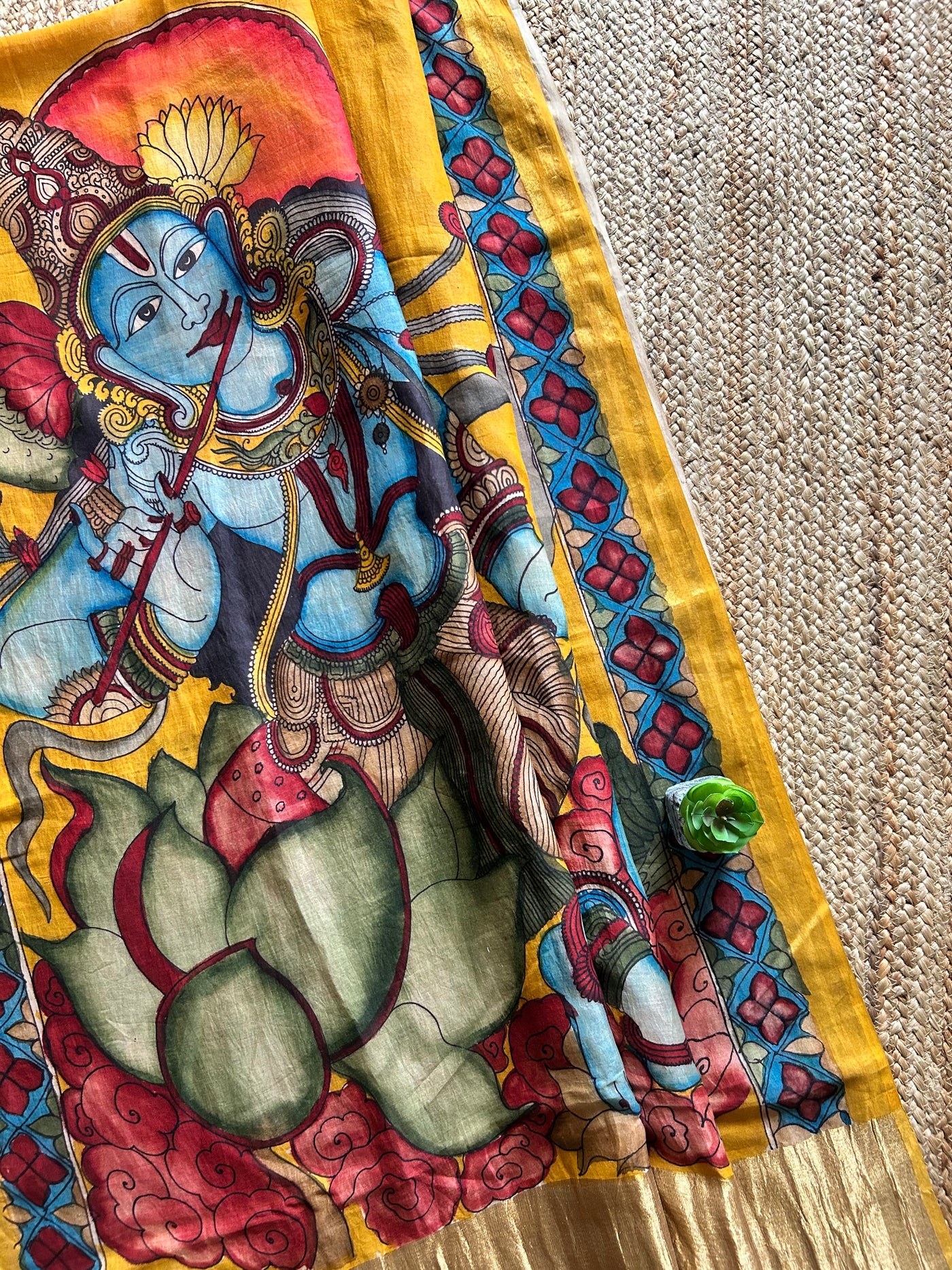 KRISHNA:turmuric yellow,Hand drawn&Hand painted penkalamkeri silk-cott tissue dupatta.