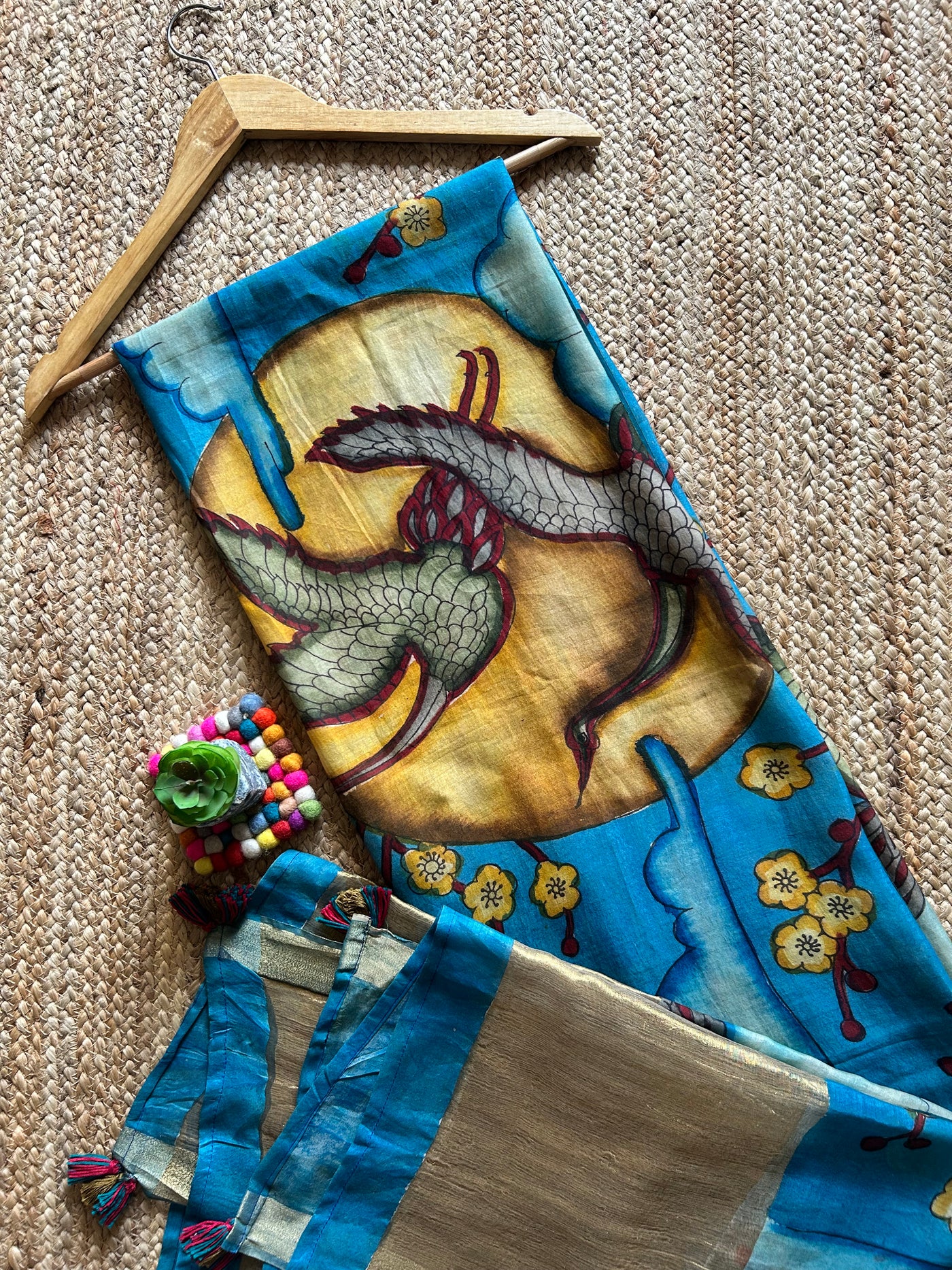 NEELA AASMAN:Hand drawn&Hand painted penkalamkeri silk-cott tissue dupatta.