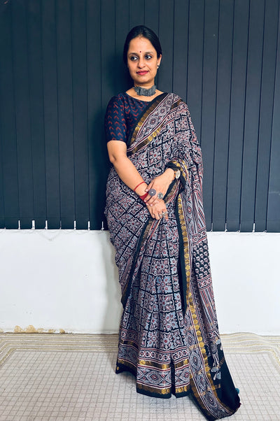 MAUSMI: Handblock printed ajrakh madurai cotton saree
