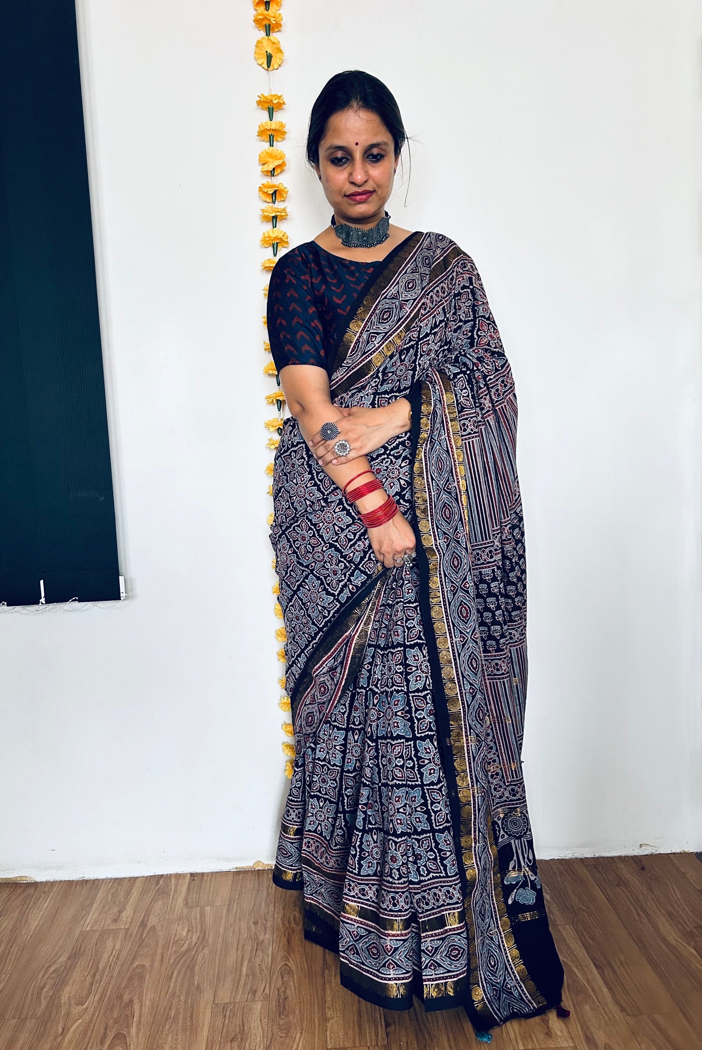 MAUSMI: Handblock printed ajrakh madurai cotton saree