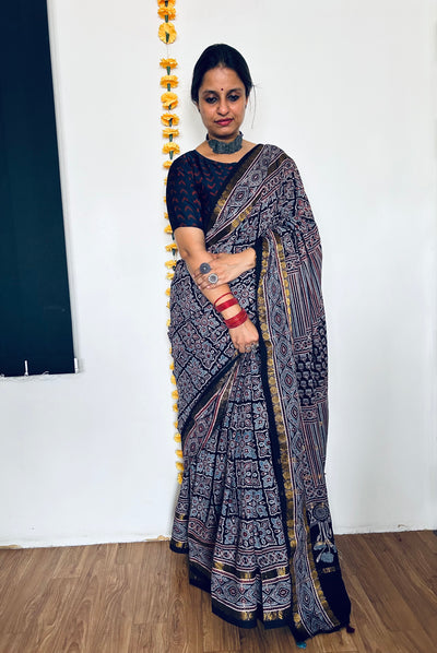 MAUSMI: Handblock printed ajrakh madurai cotton saree