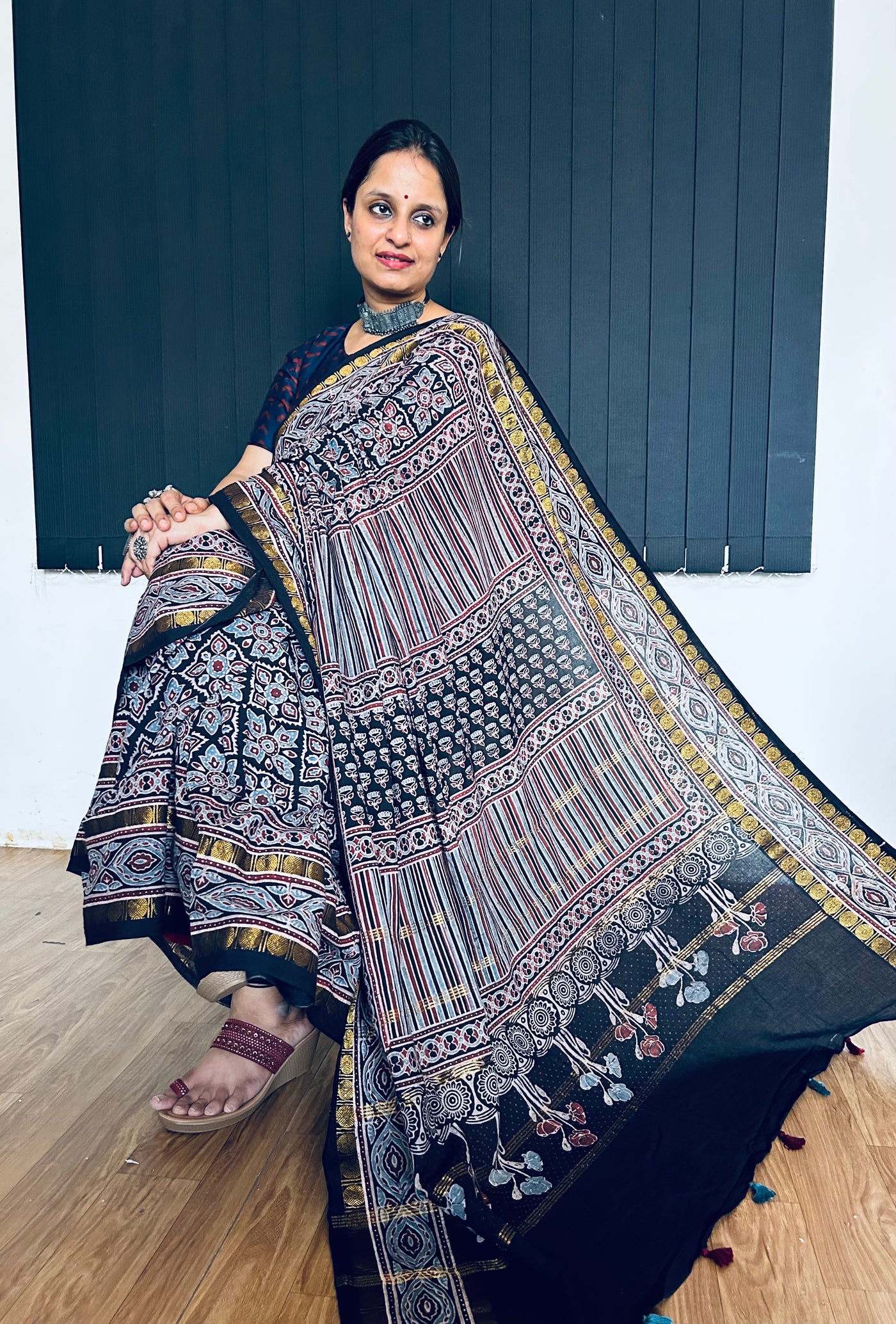 MAUSMI: Handblock printed ajrakh madurai cotton saree