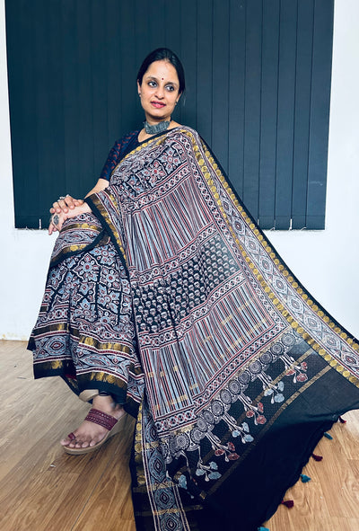 MAUSMI: Handblock printed ajrakh madurai cotton saree