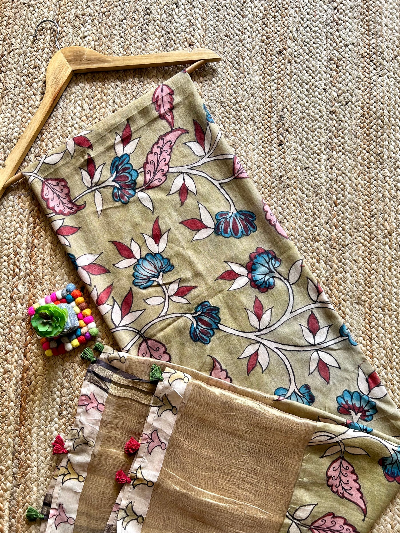 POOLWARI:Hand drawn&Hand painted penkalamkeri silk-cott tissue dupatta.