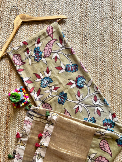 POOLWARI:Hand drawn&Hand painted penkalamkeri silk-cott tissue dupatta.