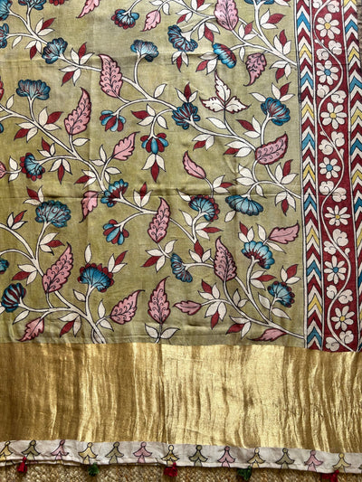 POOLWARI:Hand drawn&Hand painted penkalamkeri silk-cott tissue dupatta.