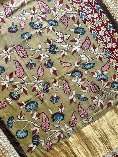 POOLWARI:Hand drawn&Hand painted penkalamkeri silk-cott tissue dupatta.