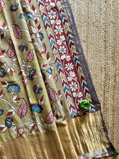 POOLWARI:Hand drawn&Hand painted penkalamkeri silk-cott tissue dupatta.