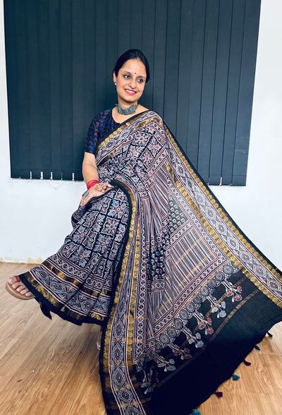 MAUSMI: Handblock printed ajrakh madurai cotton saree