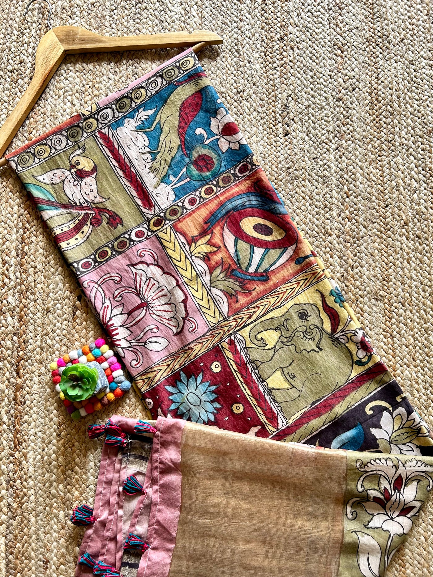 KALACHITRA:Hand drawn&Hand painted penkalamkeri silk-cott tissue dupatta.