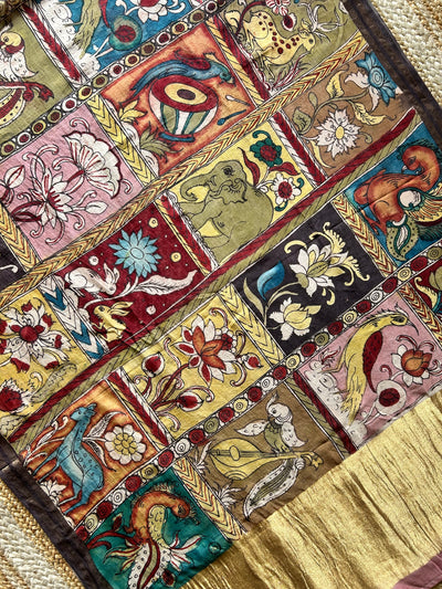 KALACHITRA:Hand drawn&Hand painted penkalamkeri silk-cott tissue dupatta.