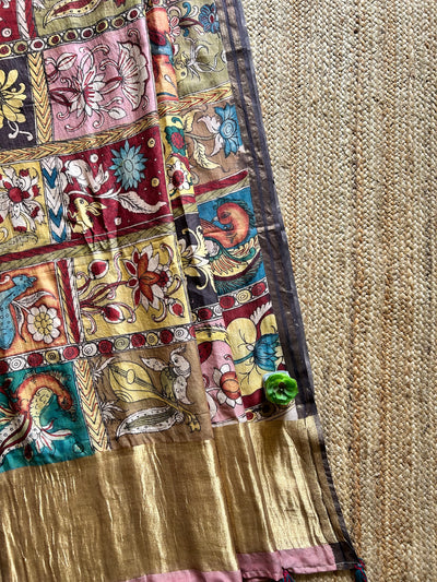 KALACHITRA:Hand drawn&Hand painted penkalamkeri silk-cott tissue dupatta.