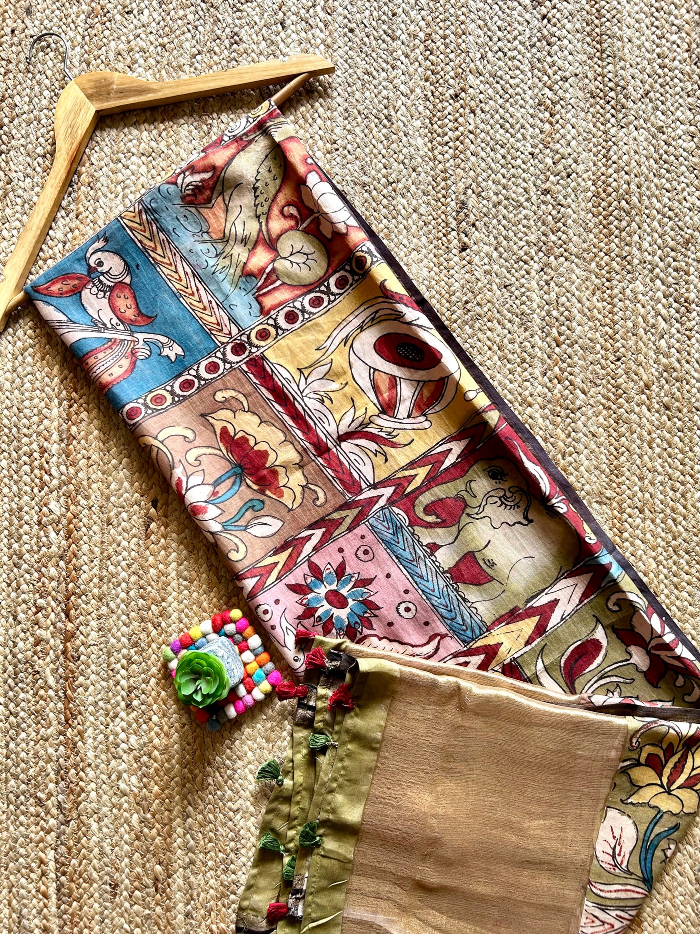 CHOWKADI:Hand drawn&Hand painted penkalamkeri silk-cott tissue dupatta.