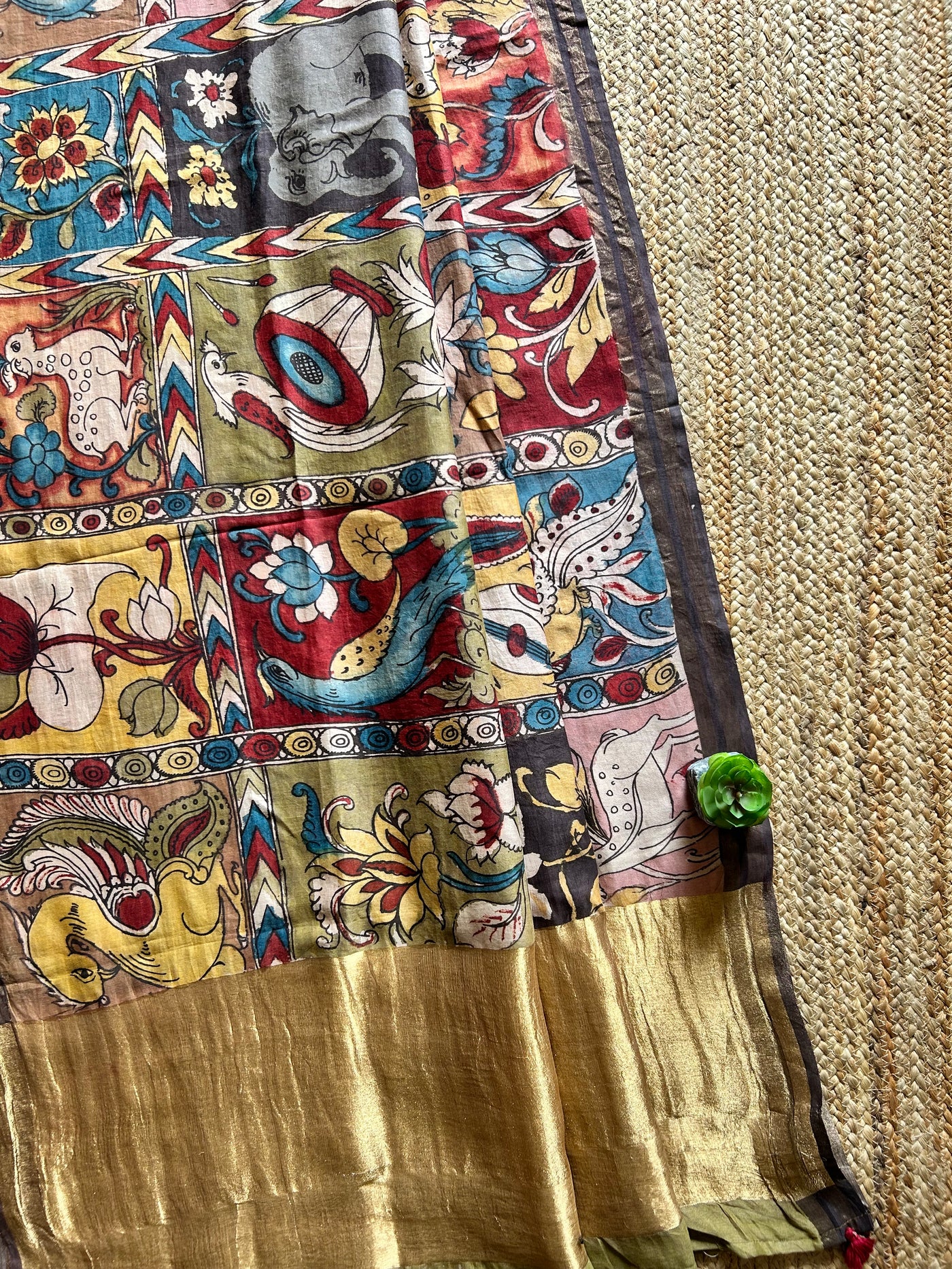 CHOWKADI:Hand drawn&Hand painted penkalamkeri silk-cott tissue dupatta.