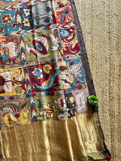 CHOWKADI:Hand drawn&Hand painted penkalamkeri silk-cott tissue dupatta.