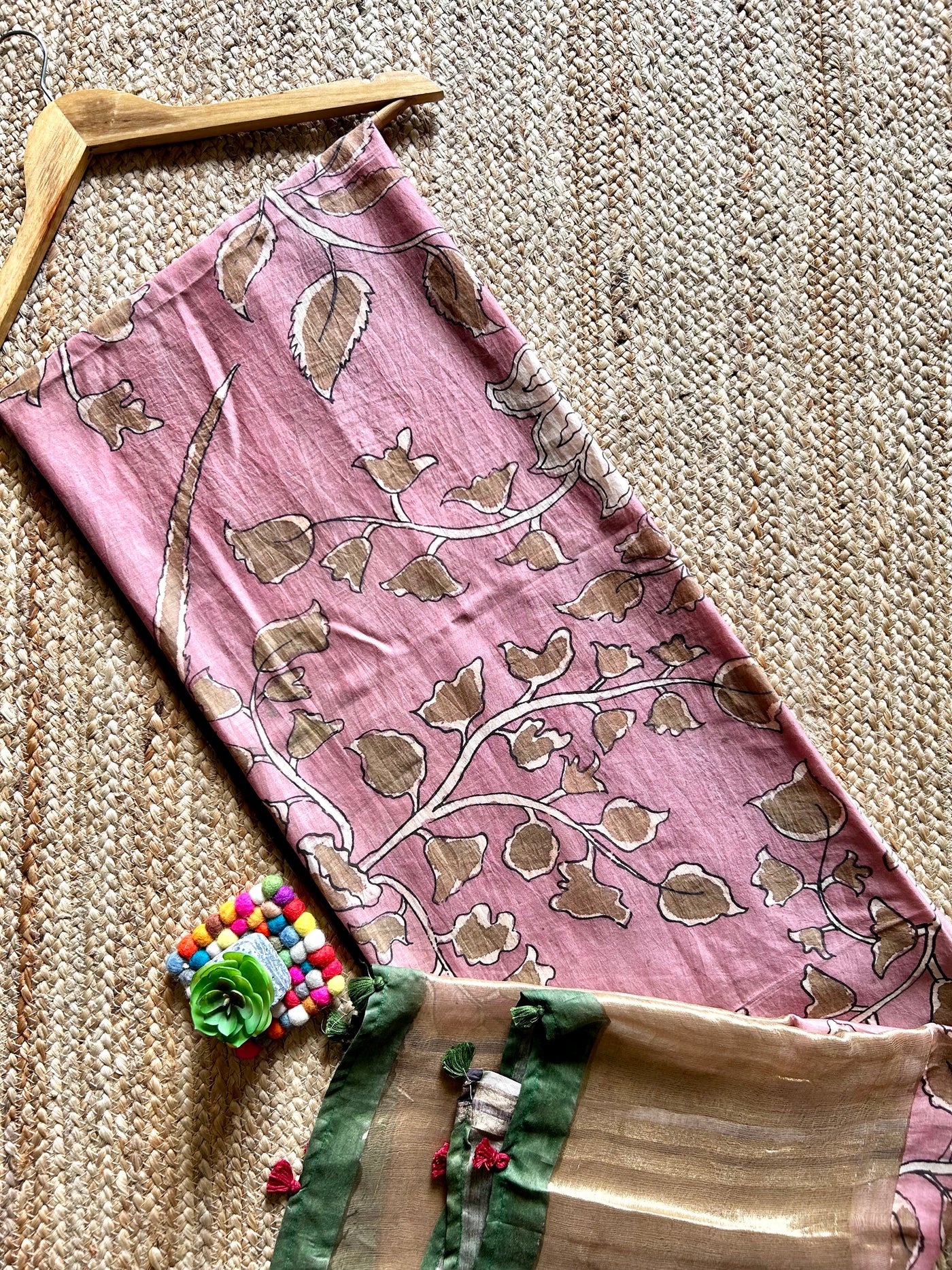 GULABI:Hand drawn&Hand painted penkalamkeri silk-cott tissue dupatta.