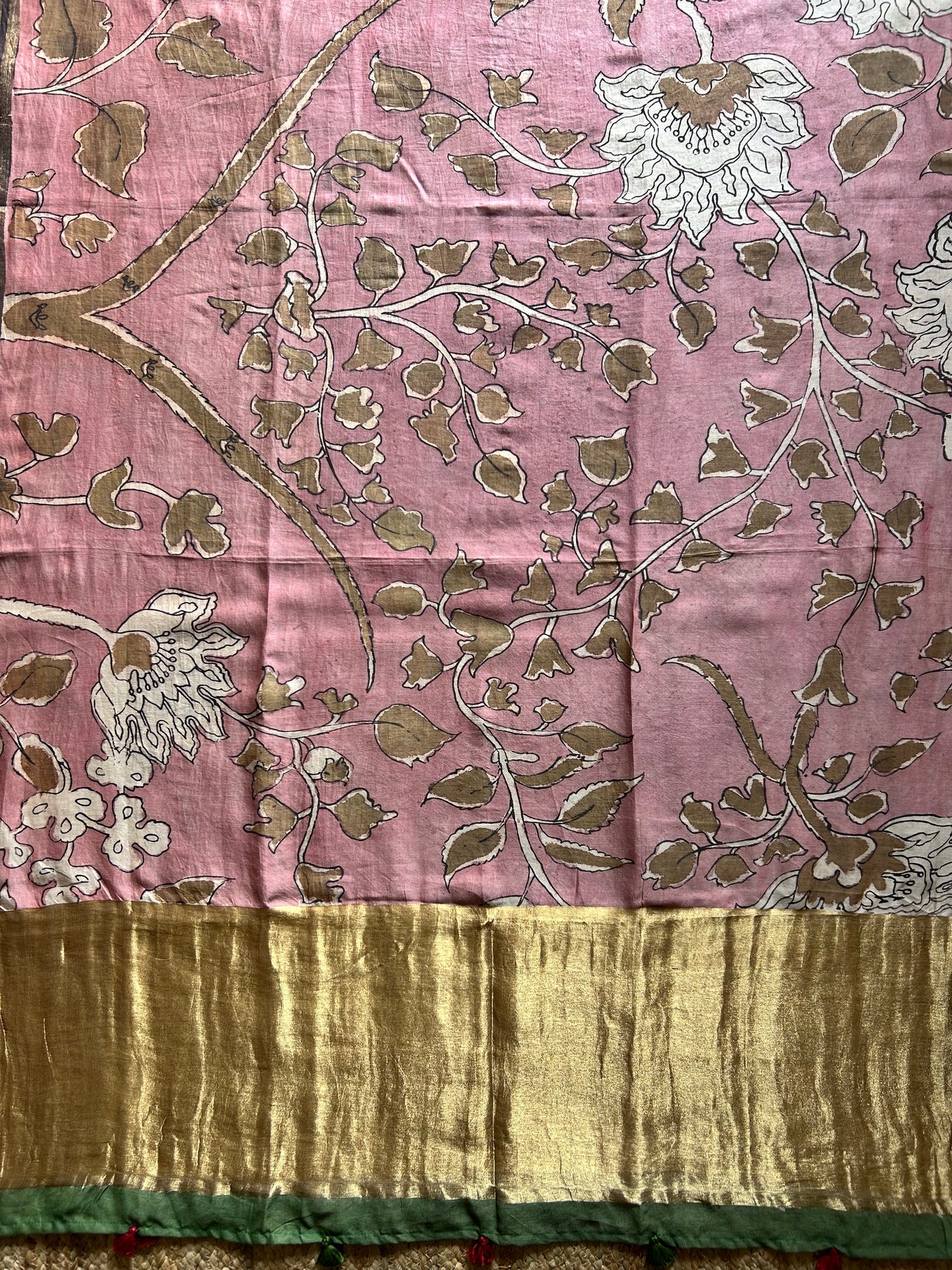 GULABI:Hand drawn&Hand painted penkalamkeri silk-cott tissue dupatta.
