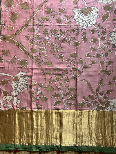 GULABI:Hand drawn&Hand painted penkalamkeri silk-cott tissue dupatta.