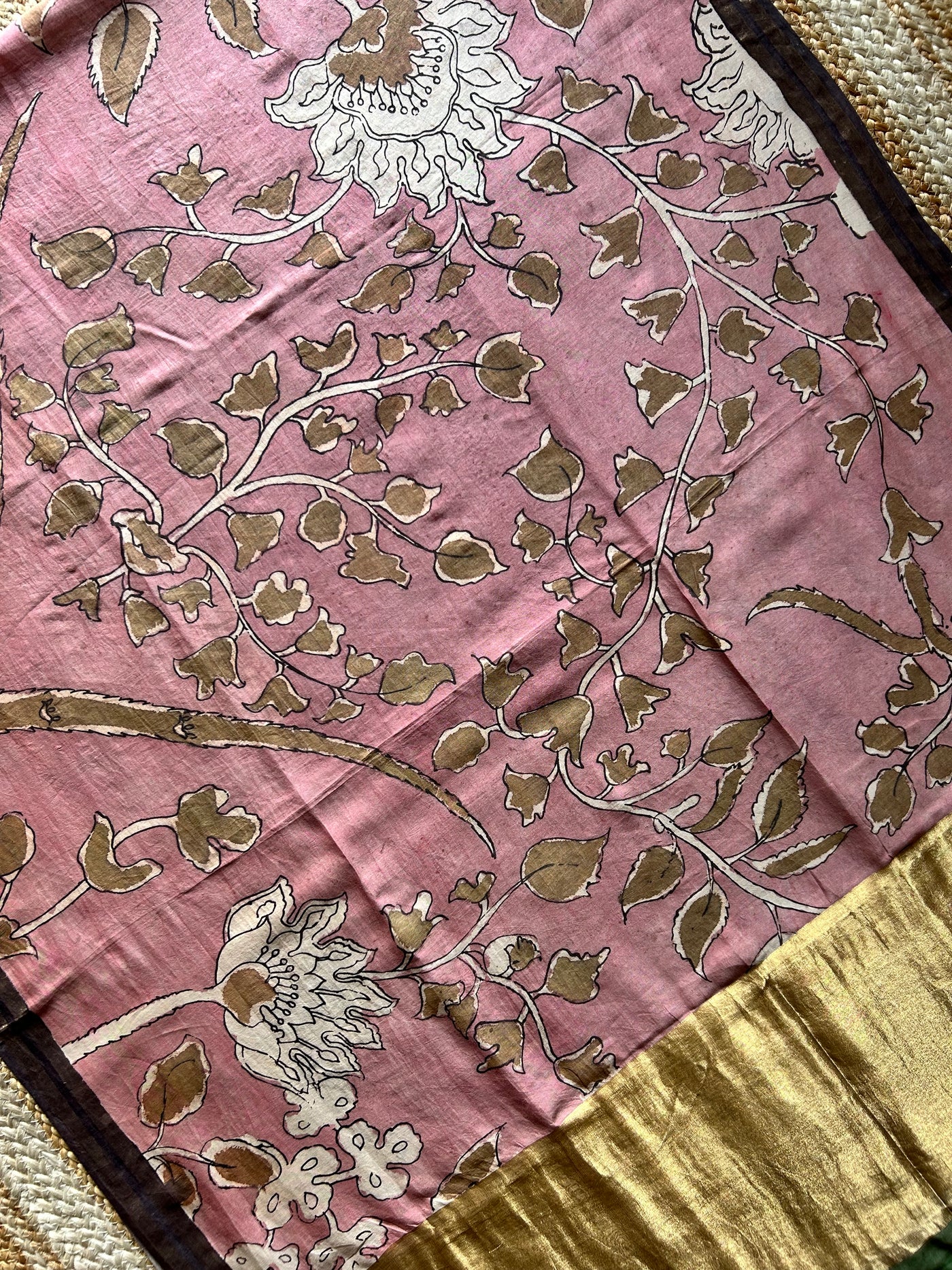GULABI:Hand drawn&Hand painted penkalamkeri silk-cott tissue dupatta.