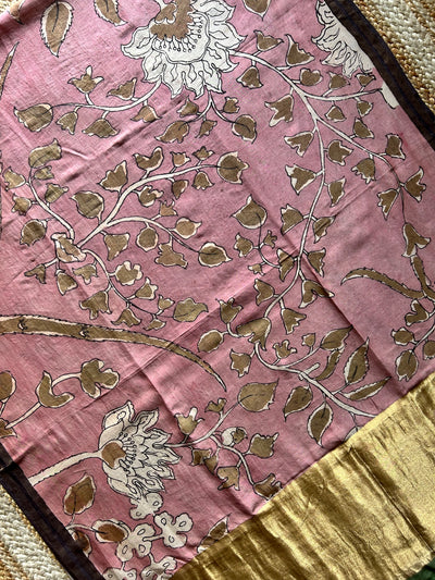 GULABI:Hand drawn&Hand painted penkalamkeri silk-cott tissue dupatta.