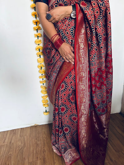 Neelima:Handmade Ajrakh Dola Silk Saree with Meenakari Pallu