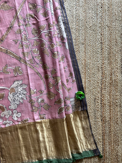 GULABI:Hand drawn&Hand painted penkalamkeri silk-cott tissue dupatta.