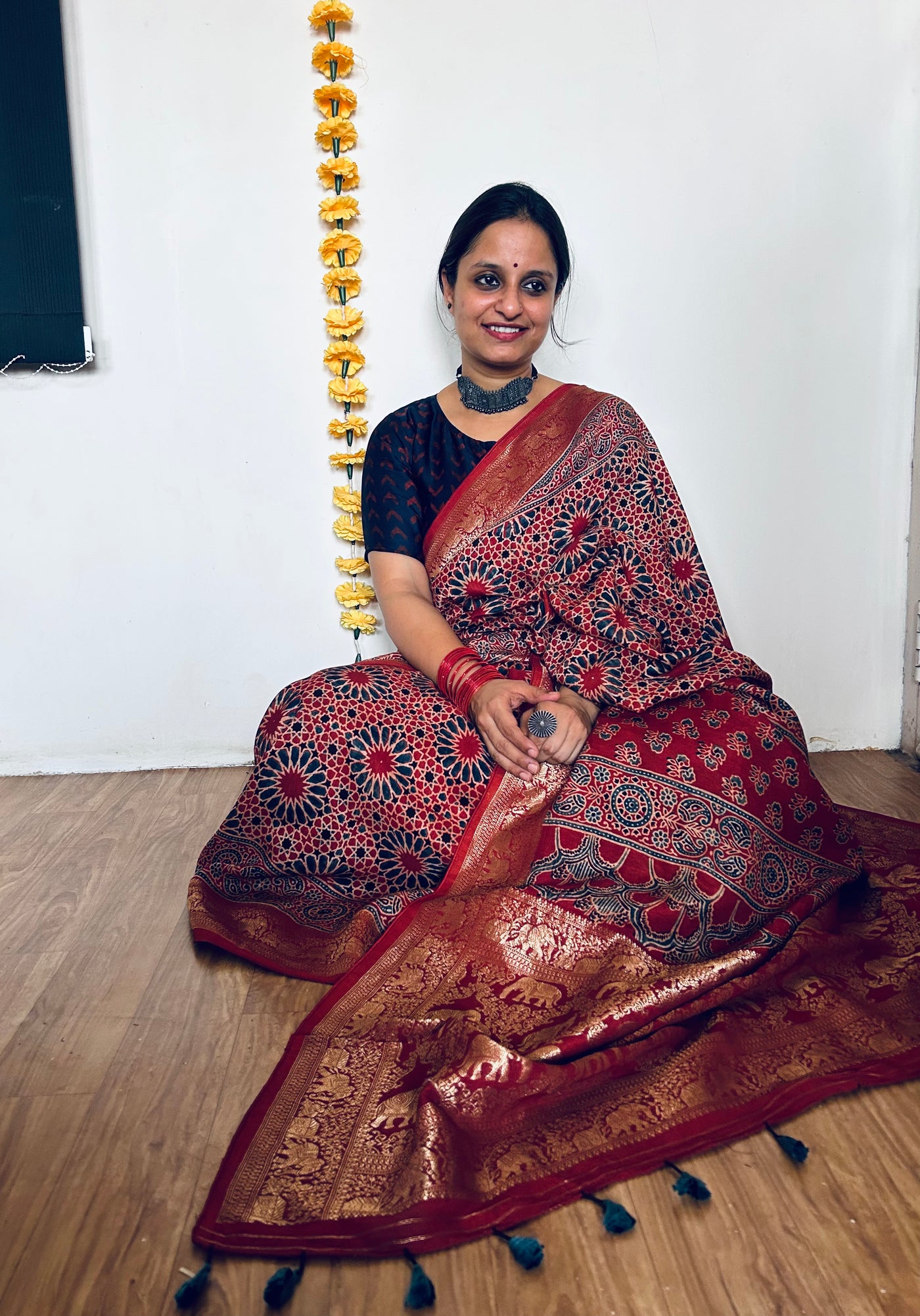 Neelima:Handmade Ajrakh Dola Silk Saree with Meenakari Pallu