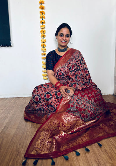 Neelima:Handmade Ajrakh Dola Silk Saree with Meenakari Pallu