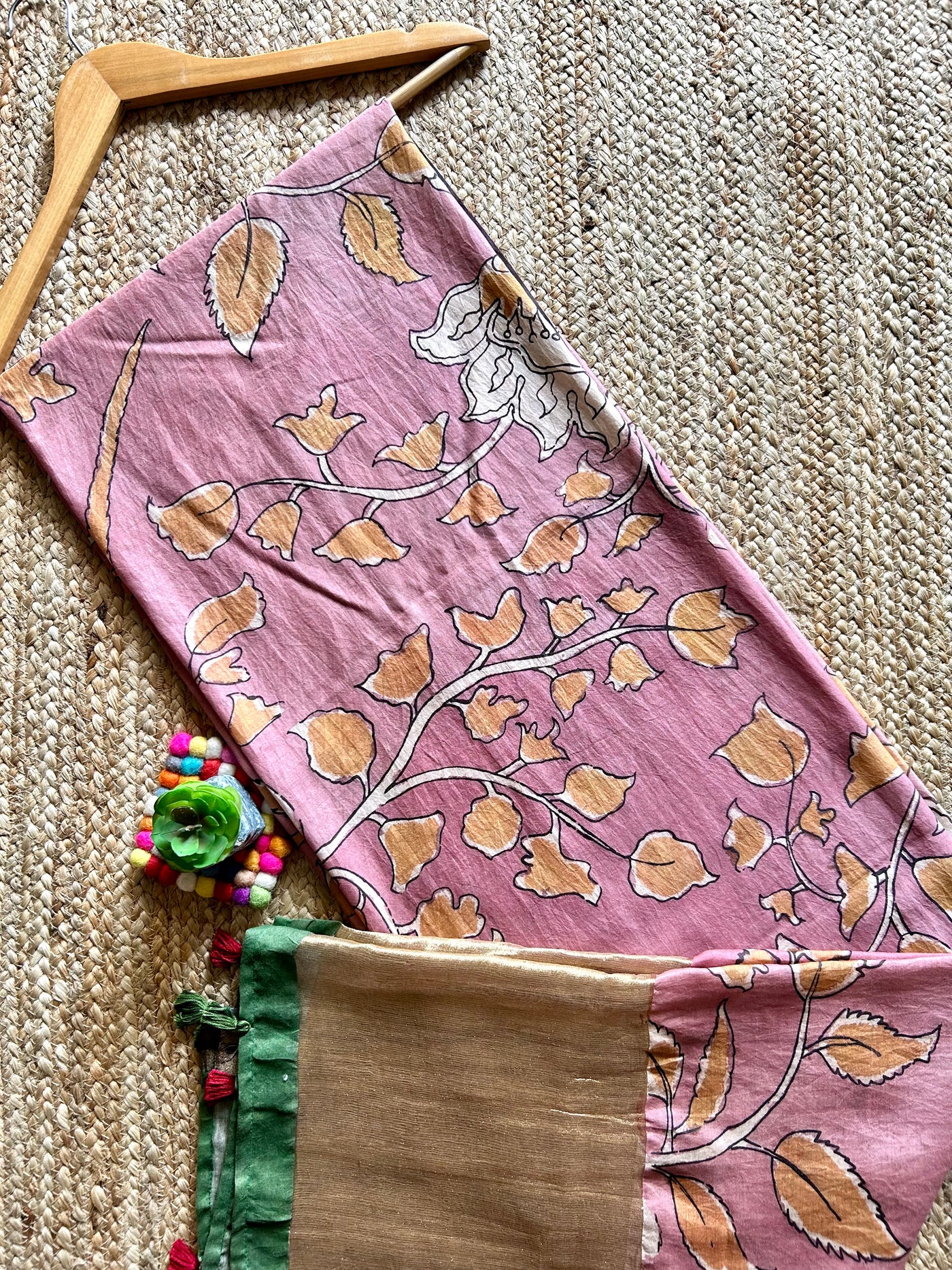 PATWAR:Hand drawn&Hand painted penkalamkeri silk-cott tissue dupatta.