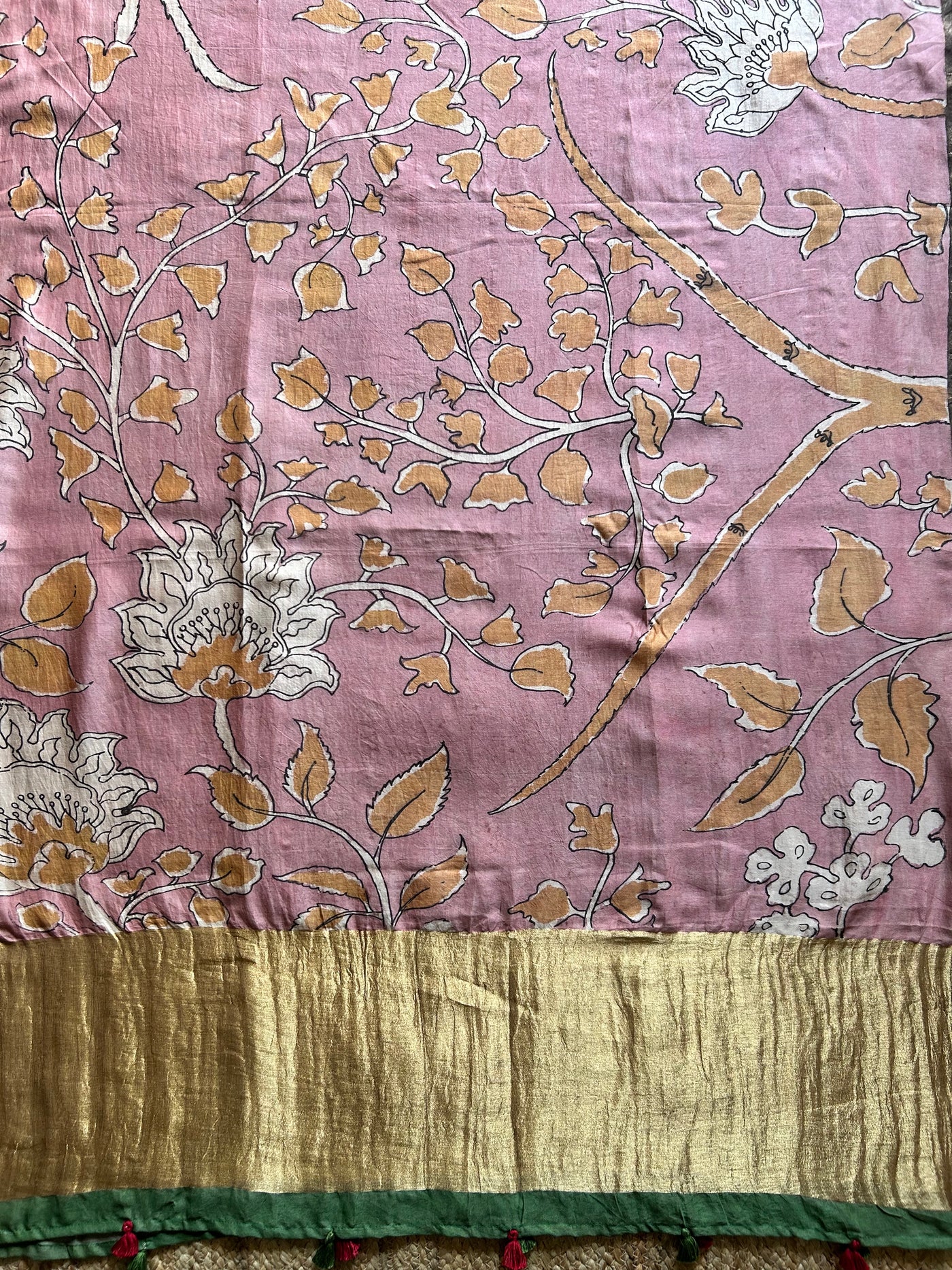 PATWAR:Hand drawn&Hand painted penkalamkeri silk-cott tissue dupatta.