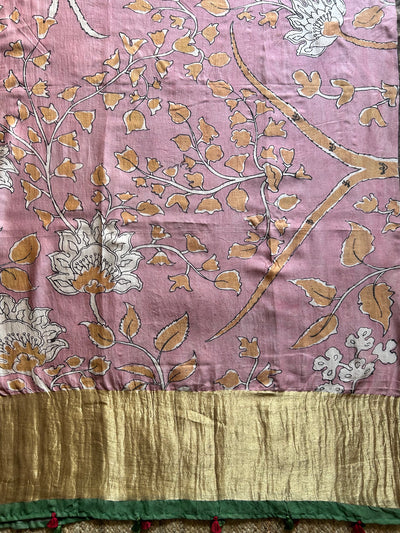 PATWAR:Hand drawn&Hand painted penkalamkeri silk-cott tissue dupatta.