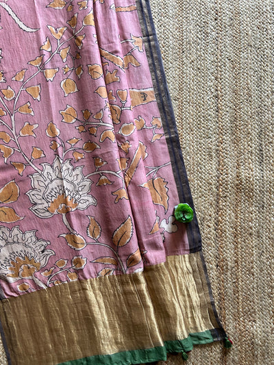 PATWAR:Hand drawn&Hand painted penkalamkeri silk-cott tissue dupatta.