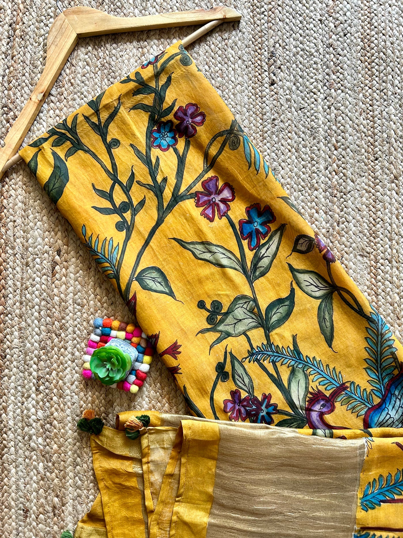 CHIDIYA:Hand drawn&Hand painted penkalamkeri silk-cott tissue dupatta.