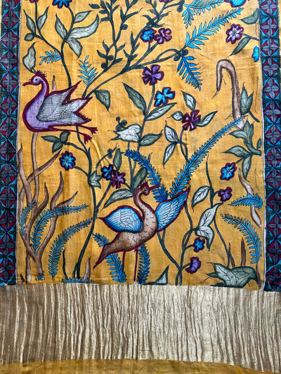CHIDIYA:Hand drawn&Hand painted penkalamkeri silk-cott tissue dupatta.