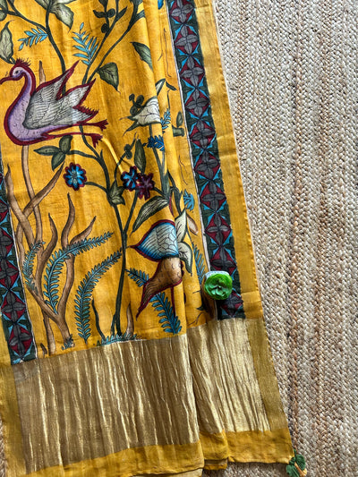 CHIDIYA:Hand drawn&Hand painted penkalamkeri silk-cott tissue dupatta.