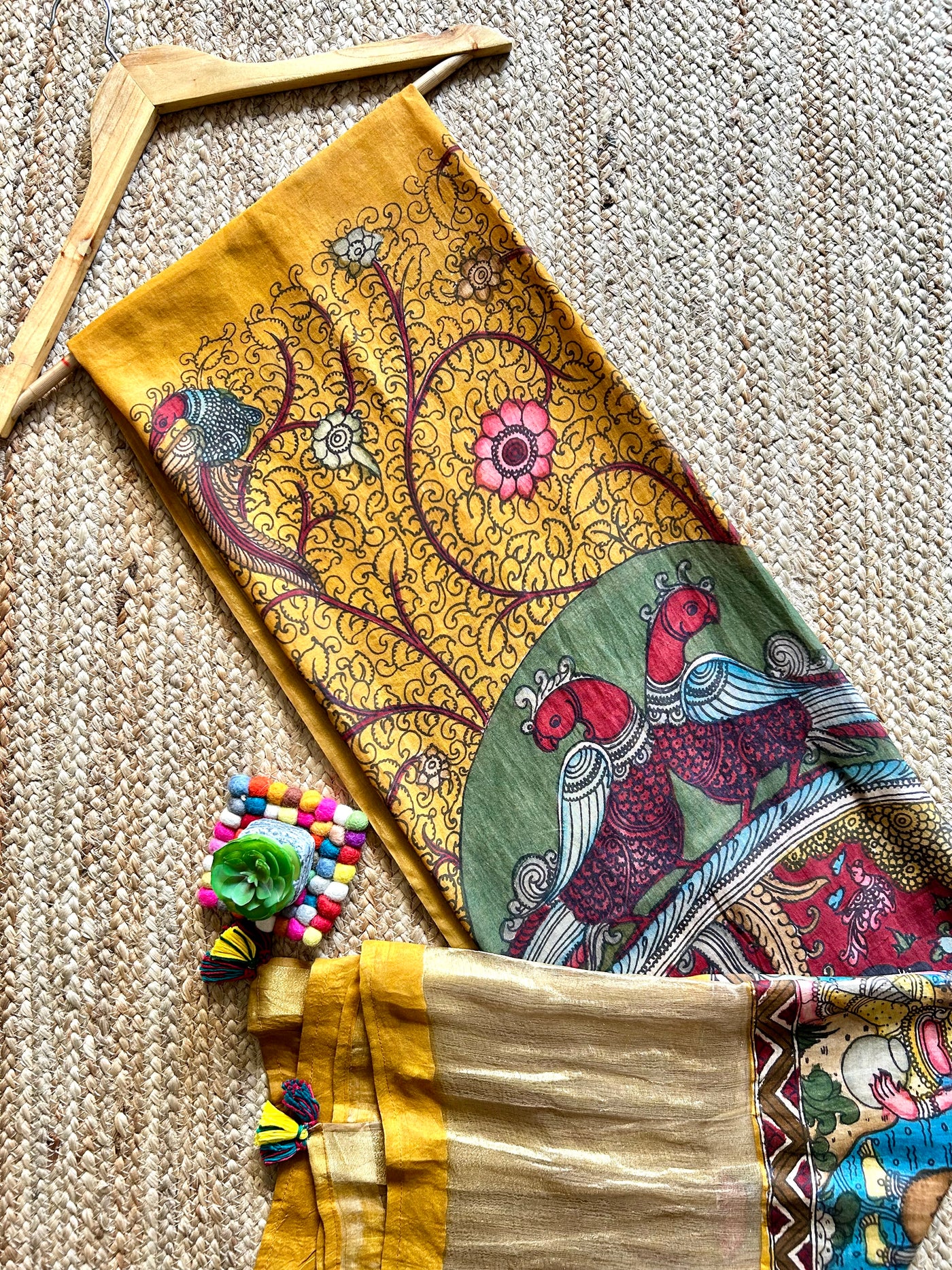 MAYURI:Hand drawn&Hand painted penkalamkeri silk-cott tissue dupatta.