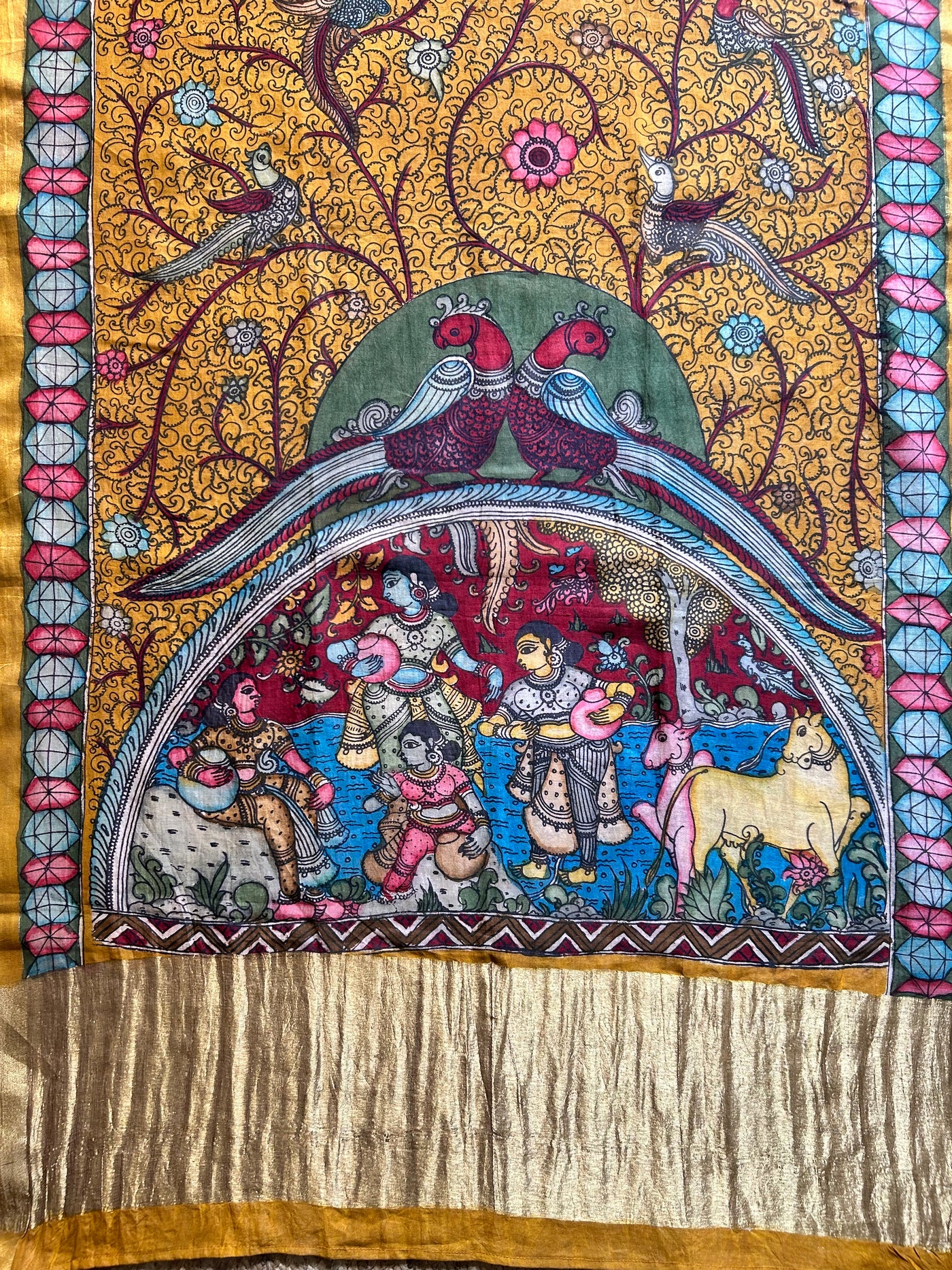 MAYURI:Hand drawn&Hand painted penkalamkeri silk-cott tissue dupatta.