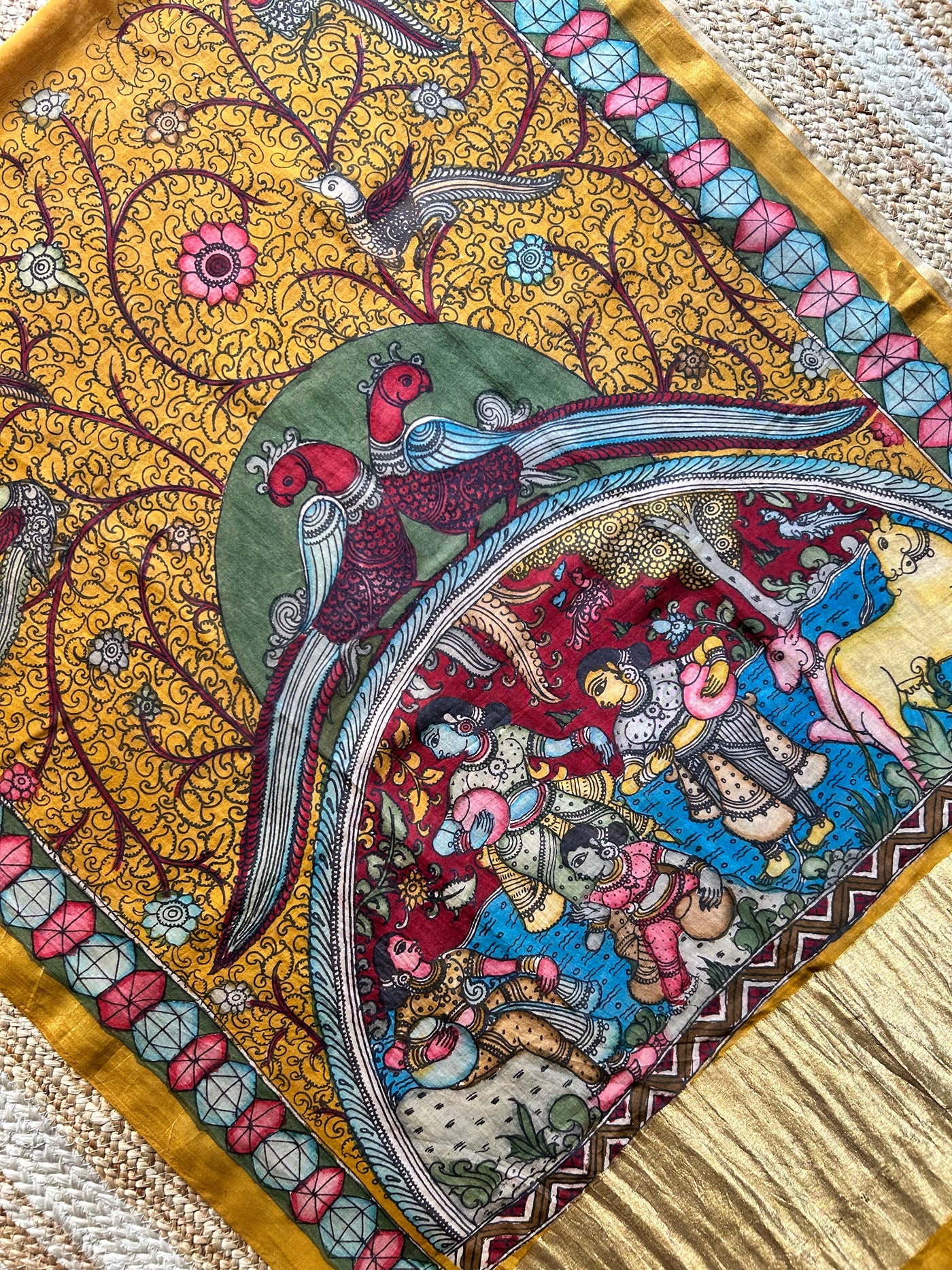 MAYURI:Hand drawn&Hand painted penkalamkeri silk-cott tissue dupatta.
