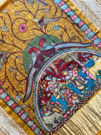 MAYURI:Hand drawn&Hand painted penkalamkeri silk-cott tissue dupatta.