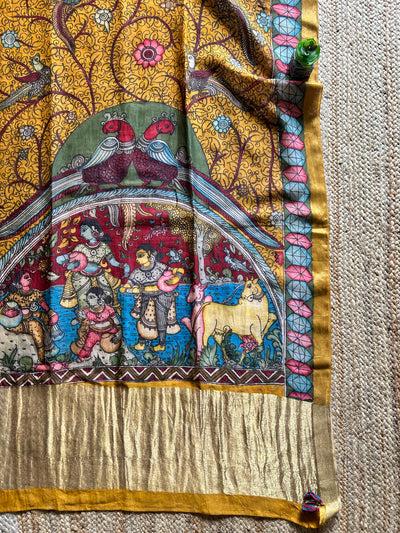 MAYURI:Hand drawn&Hand painted penkalamkeri silk-cott tissue dupatta.