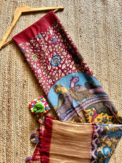 PEEHU:Hand drawn&Hand painted penkalamkeri silk-cott tissue dupatta.