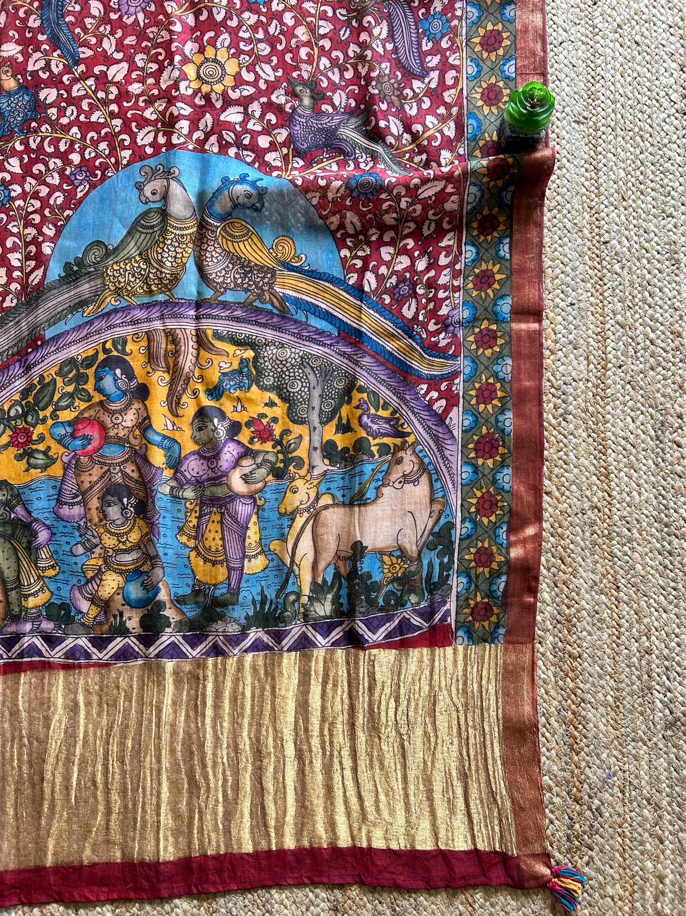 PEEHU:Hand drawn&Hand painted penkalamkeri silk-cott tissue dupatta.