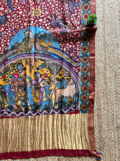 PEEHU:Hand drawn&Hand painted penkalamkeri silk-cott tissue dupatta.
