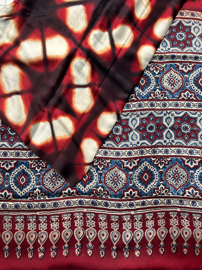 BRINDA: Handmade Clamp Dyed- Ajrakh Modal Silk Saree