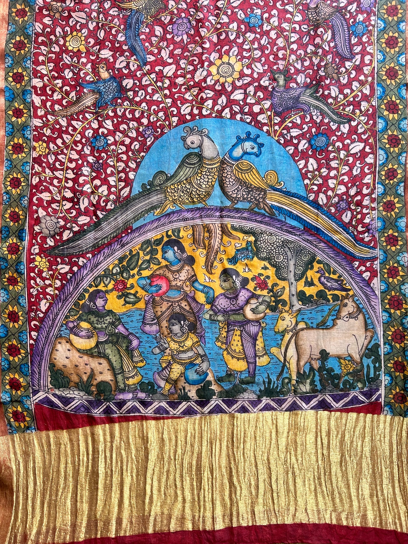 PEEHU:Hand drawn&Hand painted penkalamkeri silk-cott tissue dupatta.