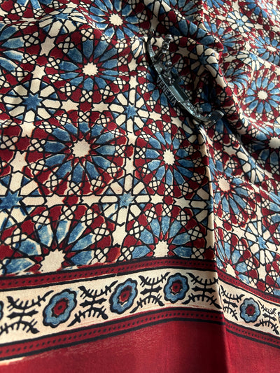 BRINDA: Handmade Clamp Dyed- Ajrakh Modal Silk Saree
