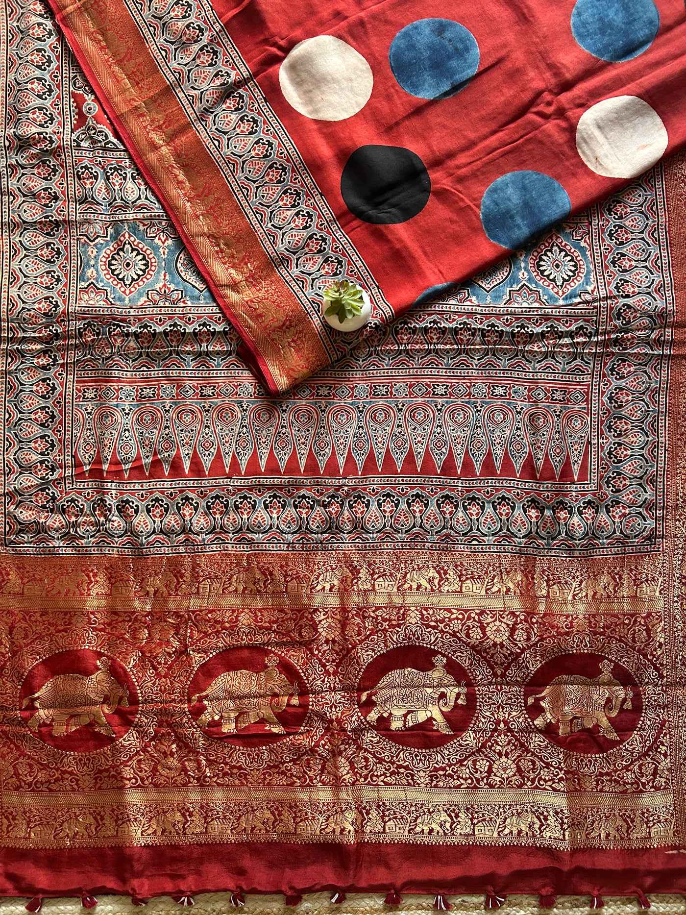 Ruhu:Handblock Ajrakh Dola Silk Saree With Meenakari Pallu.