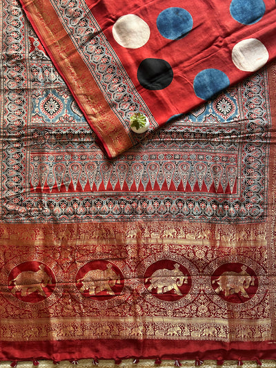 Ruhu:Handblock Ajrakh Dola Silk Saree With Meenakari Pallu.