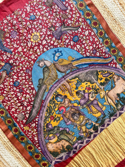 PEEHU:Hand drawn&Hand painted penkalamkeri silk-cott tissue dupatta.