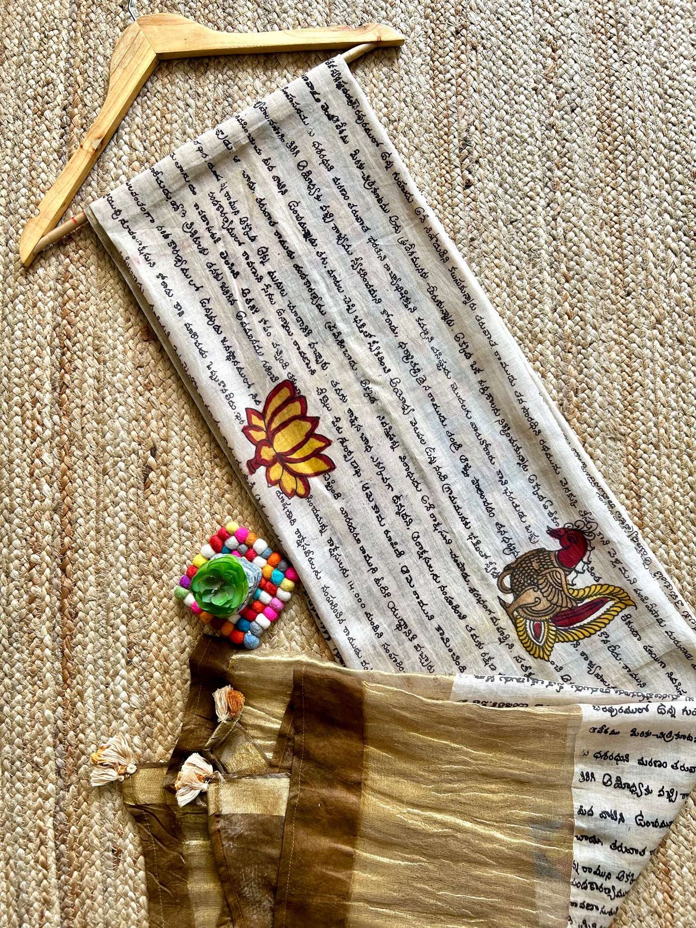 LEKHAN:Hand drawn&Hand painted penkalamkeri silk-cott tissue dupatta.